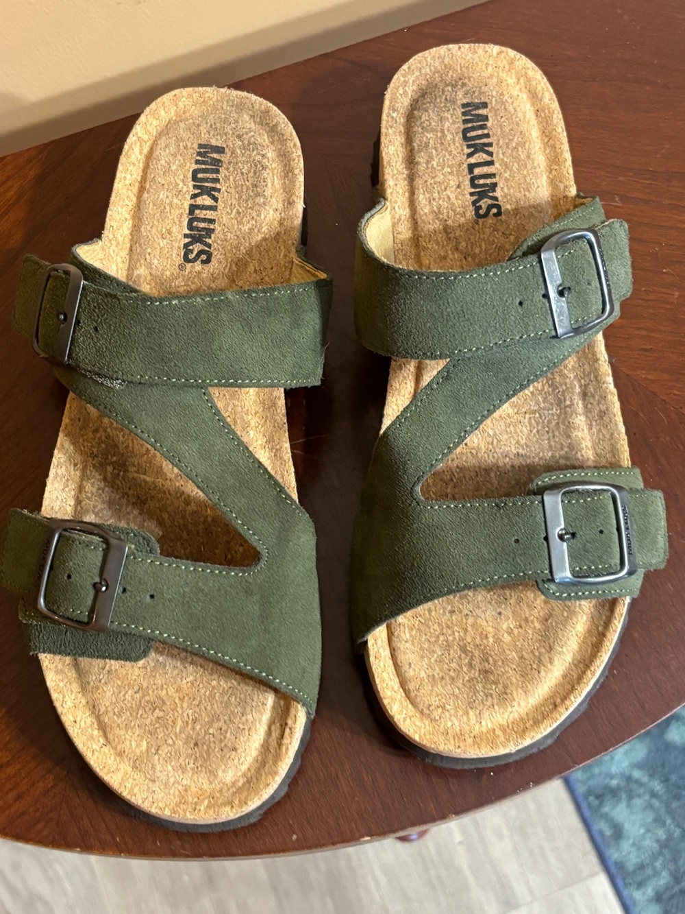 Muk Luks Olive Green Suede Buckle Slide Sandals Super Cute